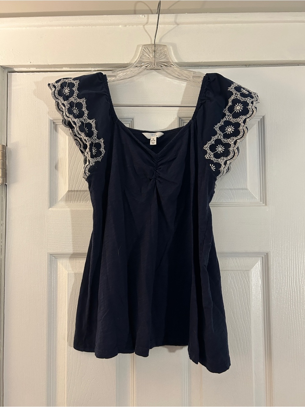 Time and Tru Navy Top with White Eyelet Flutter Sleeves